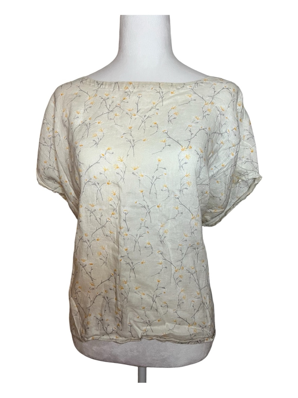 100% Linen XL Cynthia Rowley Cream Floral Boatneck Short Sleeve Top